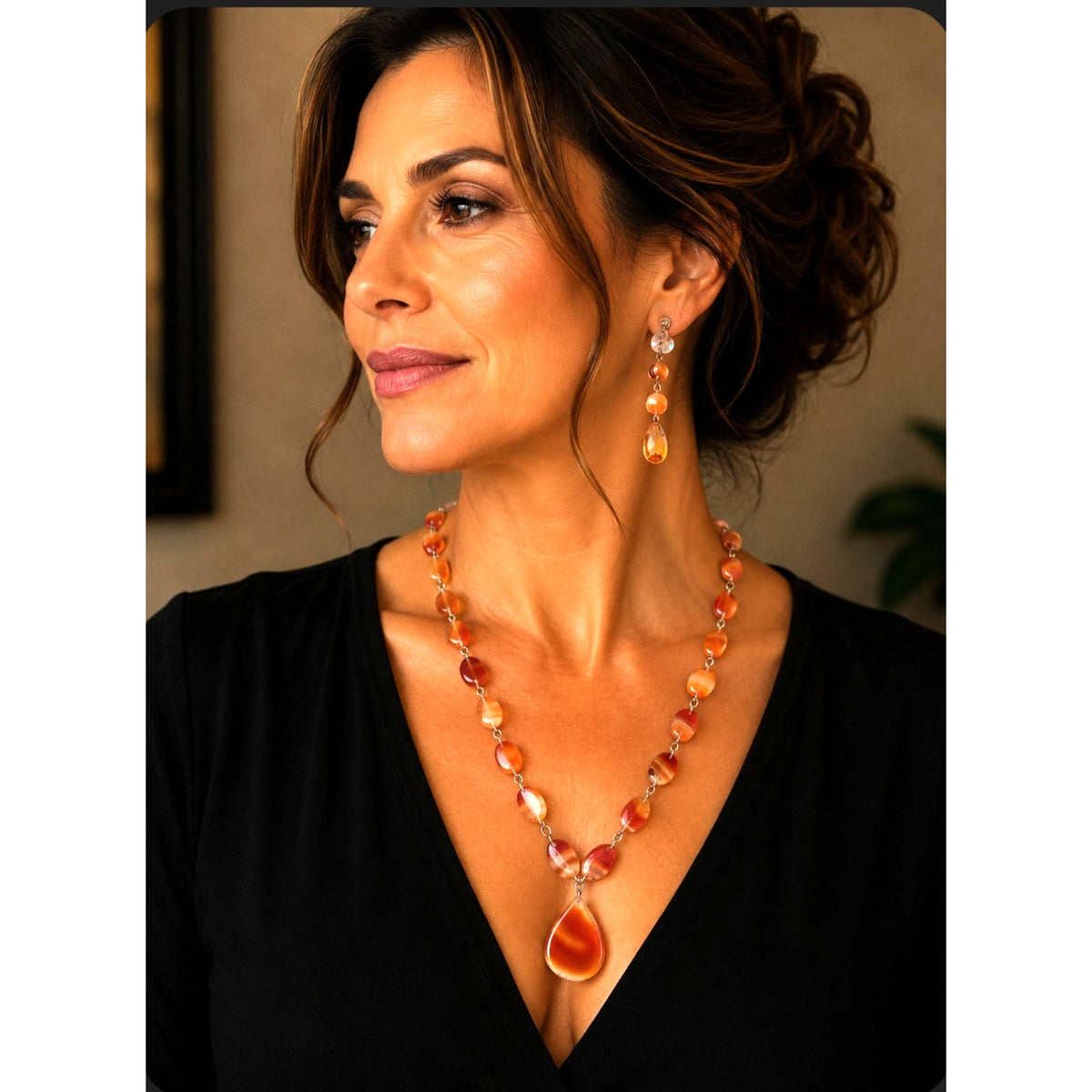 Vintage Carnelian Agate Stone Station Necklace & Teardrop Dangle Earrings Jewelry Set