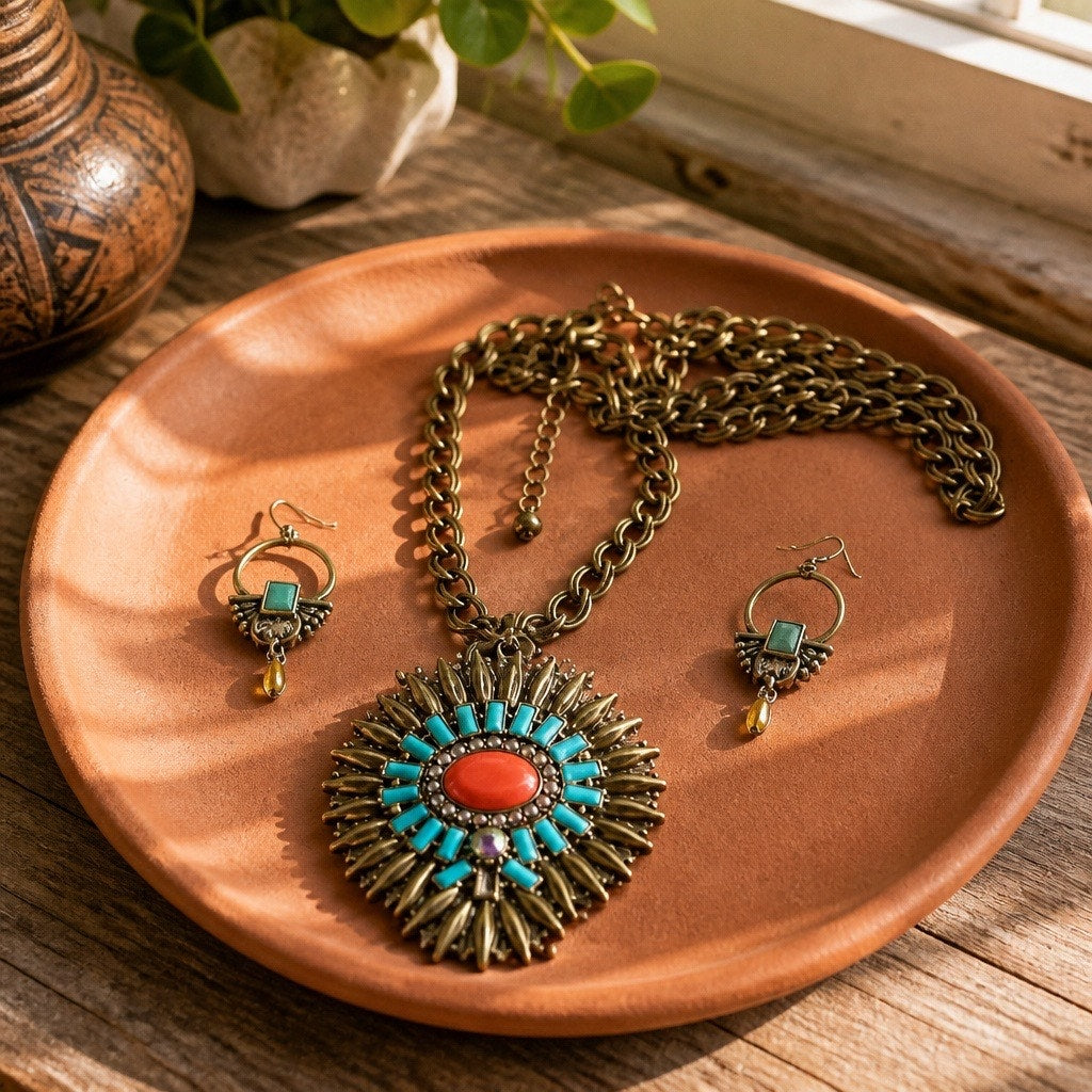 Two-in-One: Retired Premier Designs Signed "Prismatic" Reversible Southwestern Sunburst Necklace/ 2 Earrings Sets
