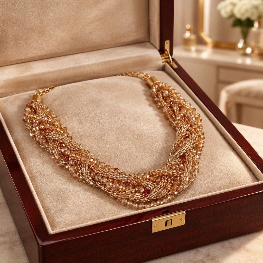 VTG Champagne Gold Beaded Multi Strand Braided Statement Choker Necklace