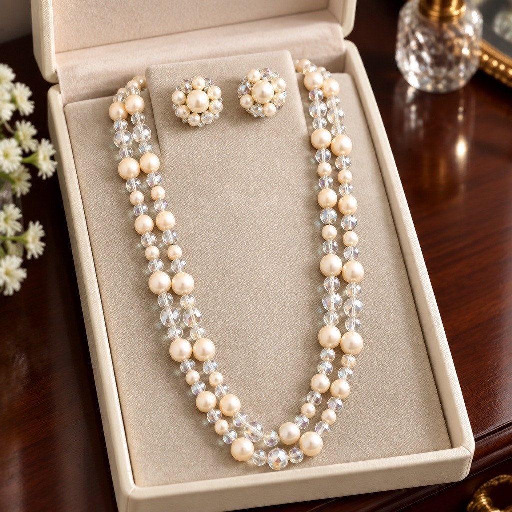 Vintage 1950s Faux Pearl and Aurora Borealis Crystal Layered Necklace Earrings Set