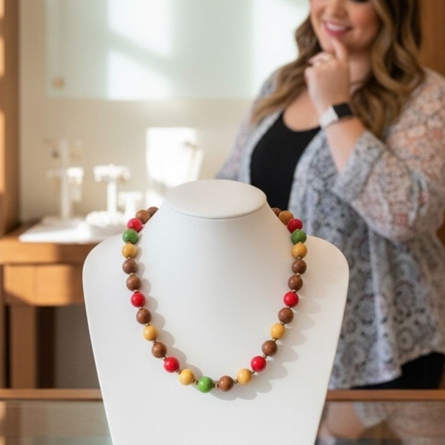 Artisan Autumn Wood Bead Gold Accent Floating Charm Boho Necklace