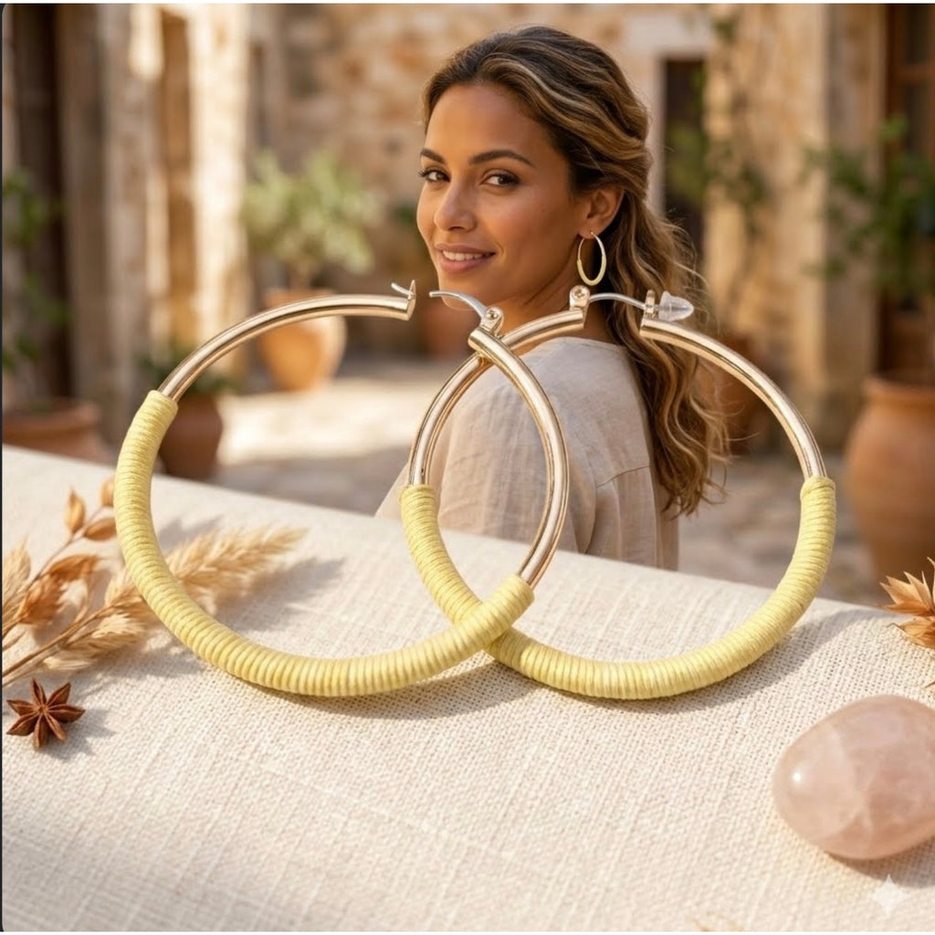 Gold Tone Large Hoop Earrings Yellow Cord Thread Wrapped Lightweight Statement Boho