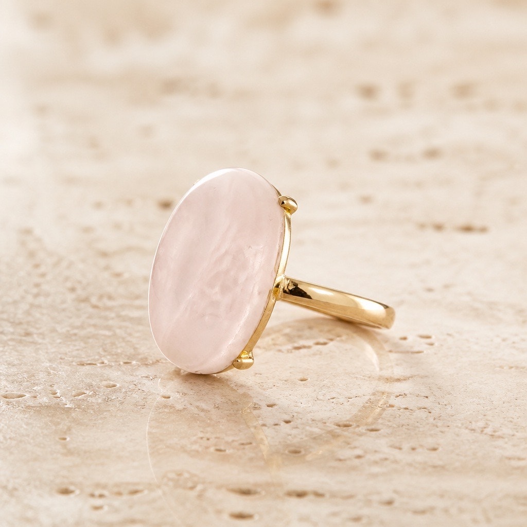 Natural Rose Quartz Oval Statement Ring | Minimalist Band
