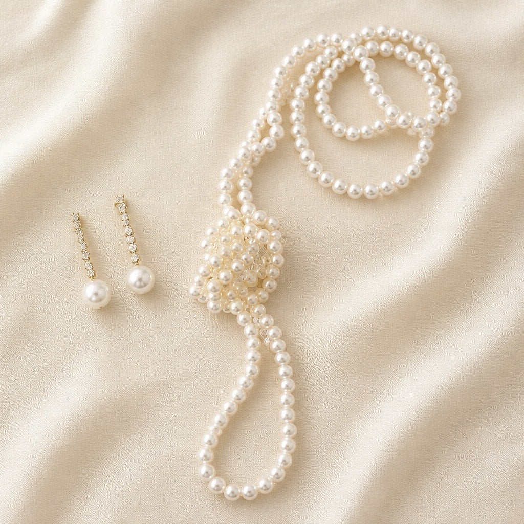 The Vintage Glamour: Roaring 20s Flapper Styled Knotted Long Pearl Rope & Rhinestone Drop Earring Set-2 for 1