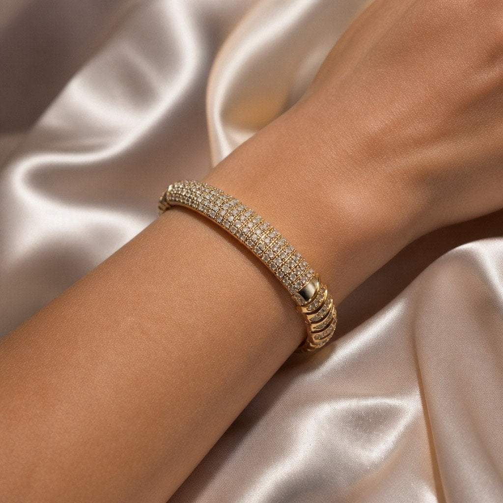 Hollywood Glam Pave Diamond Rhinestone Grooved Gold Plated Clamper Bracelet