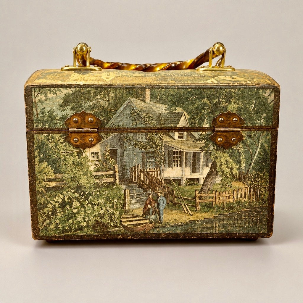 Anton Peck "1960s Americana Decoupage Box Purse with Tortoiseshell Lucite Handle