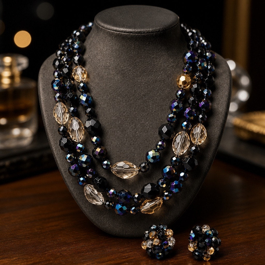 Rare Estate Find • Mid-Century VOGUE Smoky Topaz & Black AB Crystal Set ✨