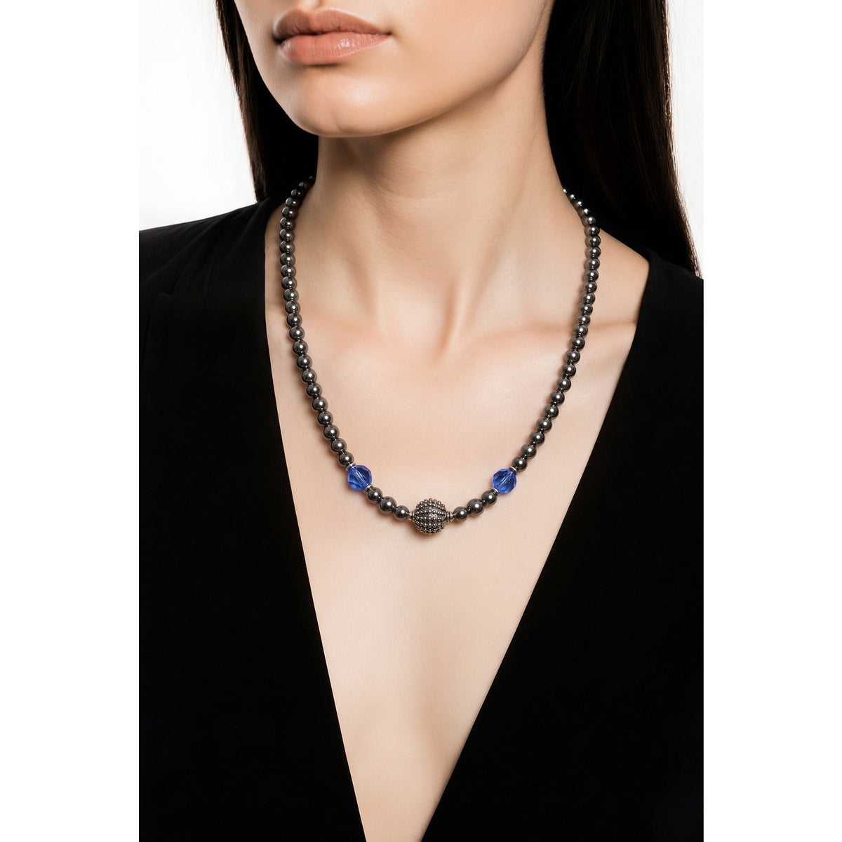 The "Cassia" Beaded Choker: Vintage Hematite & Glass Sapphires