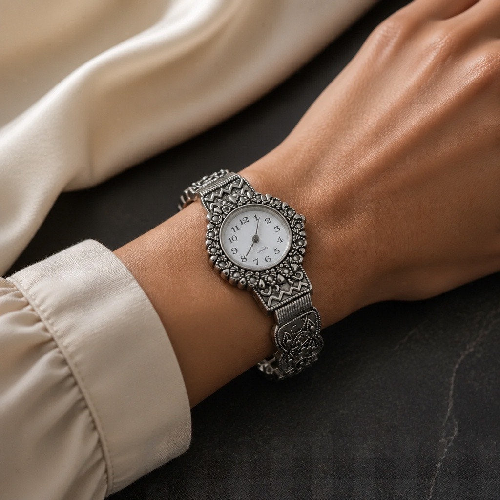 VINTAGE AVON ✨ Silver Marcasite Filigree Cuff Watch