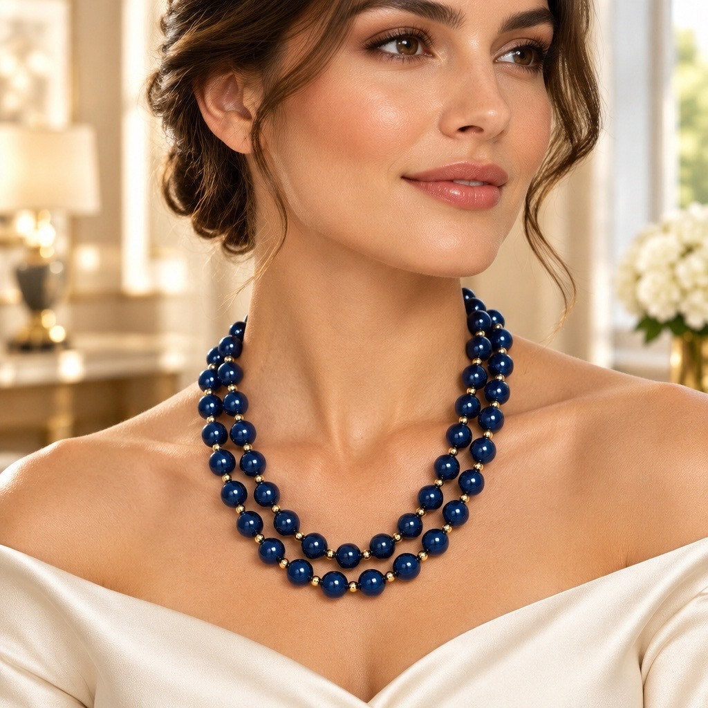 Vintage Navy Blue Double Strand Chunky Bead Necklace Gold Accents