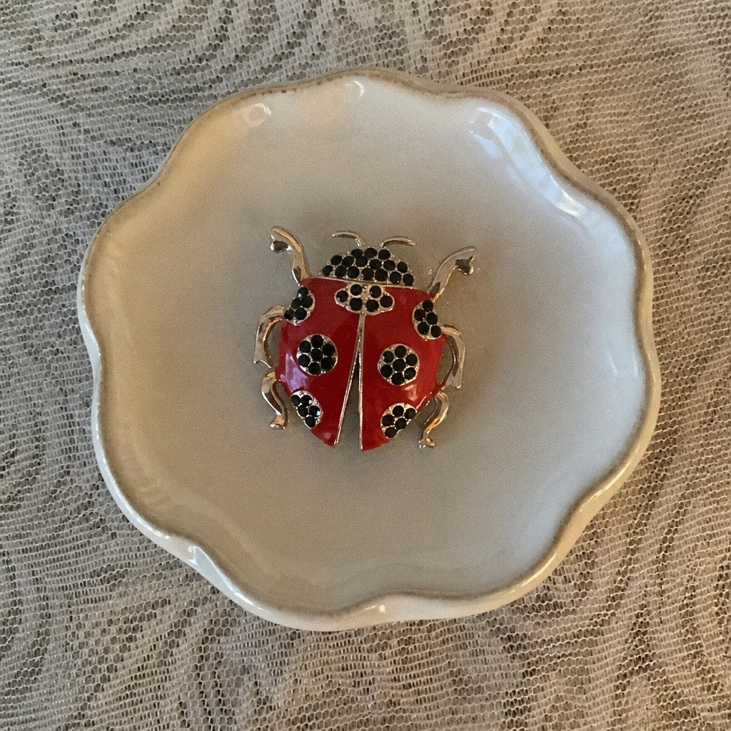 Charming Red Enamel & Rhinestone Ladybug Brooch Pin
