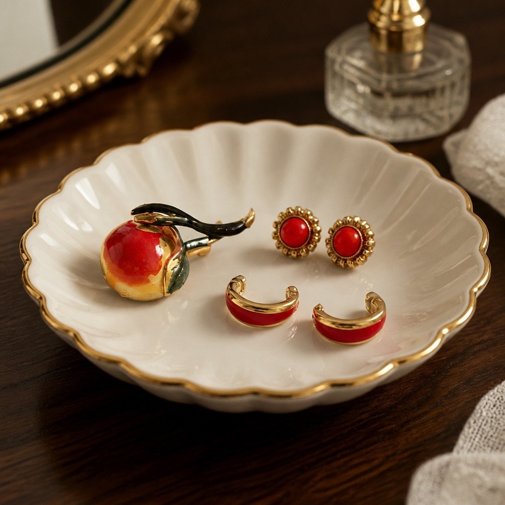 🍎 Cottagecore Enameled Rosy Apple Pomegranate Brooch Pin Stella & Dot Earring Set