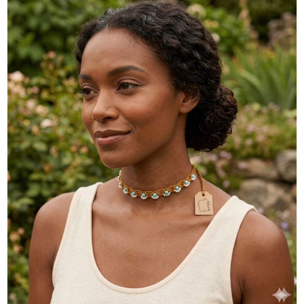 Handcrafted Daisy Seed Bead Choker Necklace Macrame Mustard Gold Turquoise  Jewelry