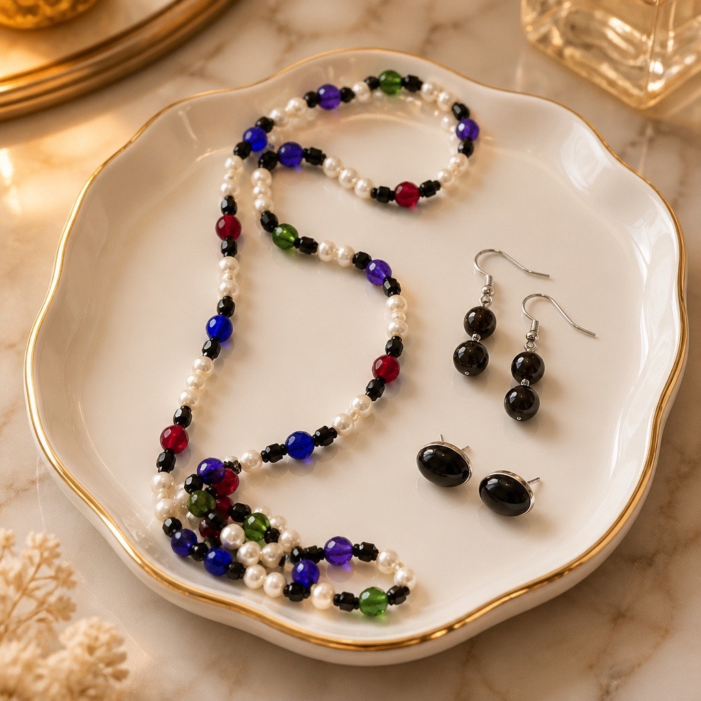 Flapper Pearl Necklace Set 3pc Mid Century Studs-Glass Beaded Earrings