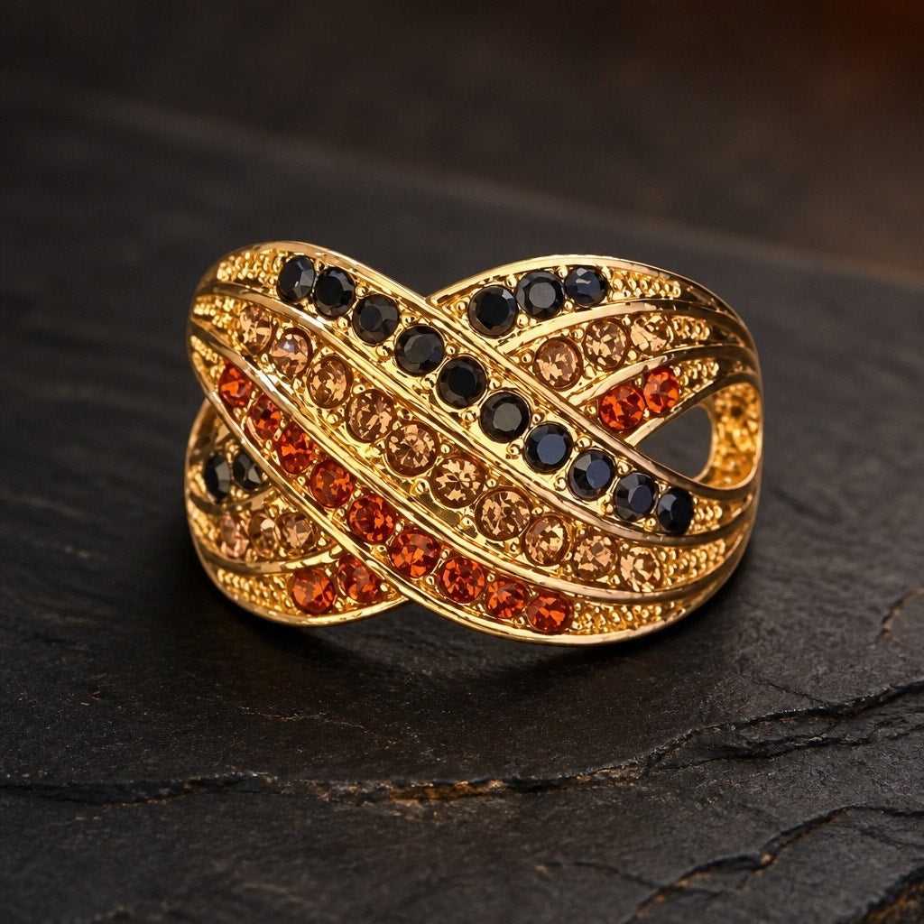 18K Gold Plated Criss Cross Statement Ring with Multi-Color Pavé Crystals