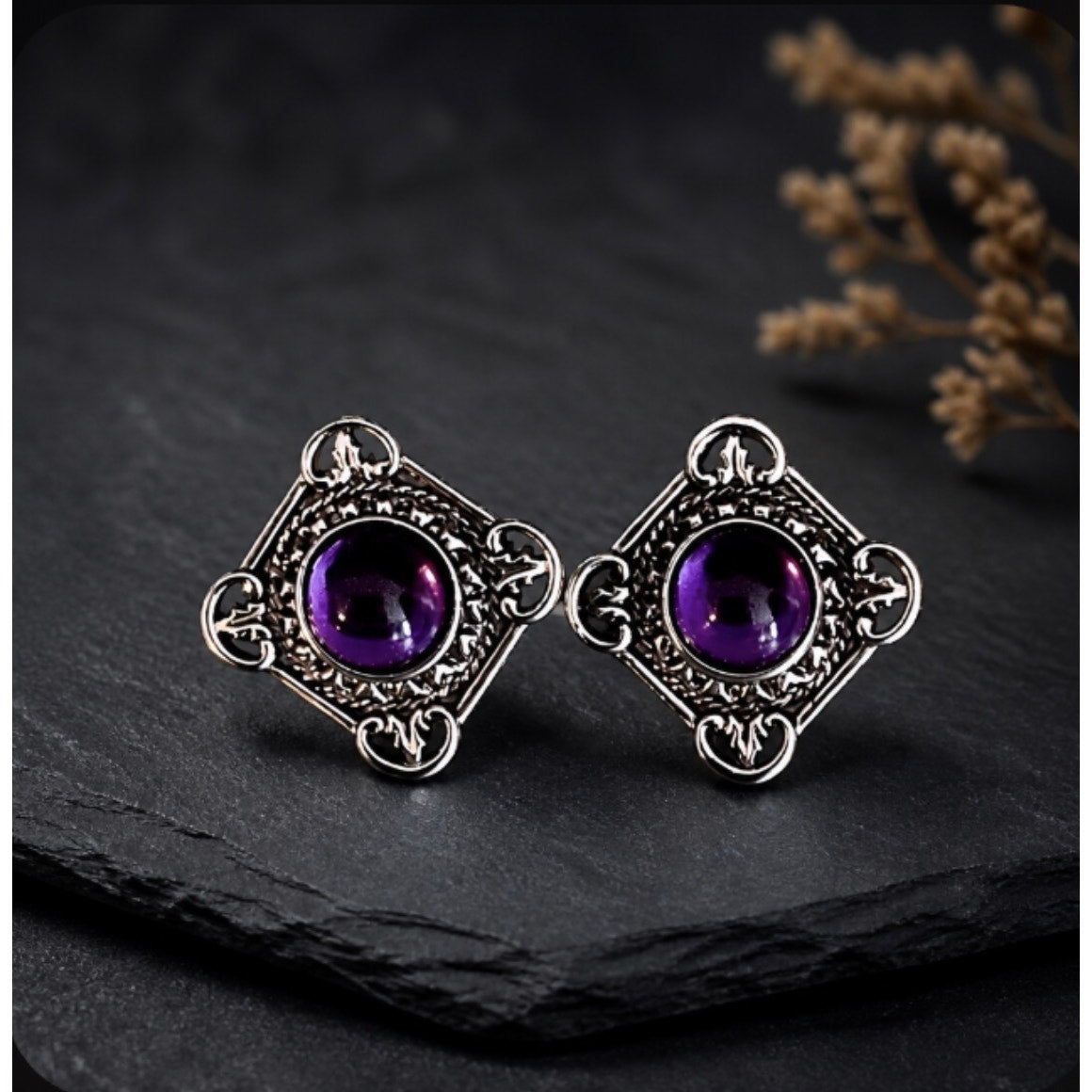 Gothic Purple Amethyst Cabochon Stud Earrings — Antiqued Silver Filigree Diamond Shape
