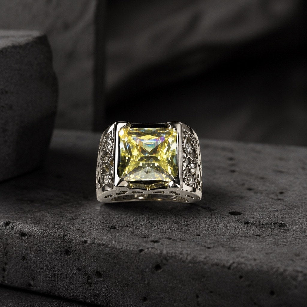 Men's Cushion Cut Yellow Crystal Signet Ring | Silver Filigree Statement Band