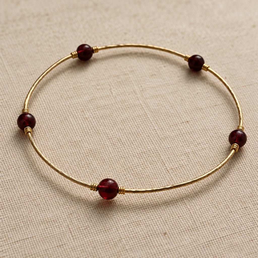 c. 1990s Hand Wrapped Golden Wire Deep Red Garnet Beaded Delicate Bangle