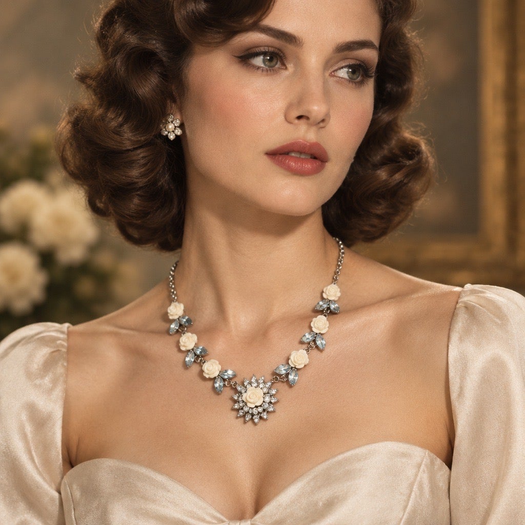 Icing Brand Cream Rose and Clear Rhinestone Statement Necklace