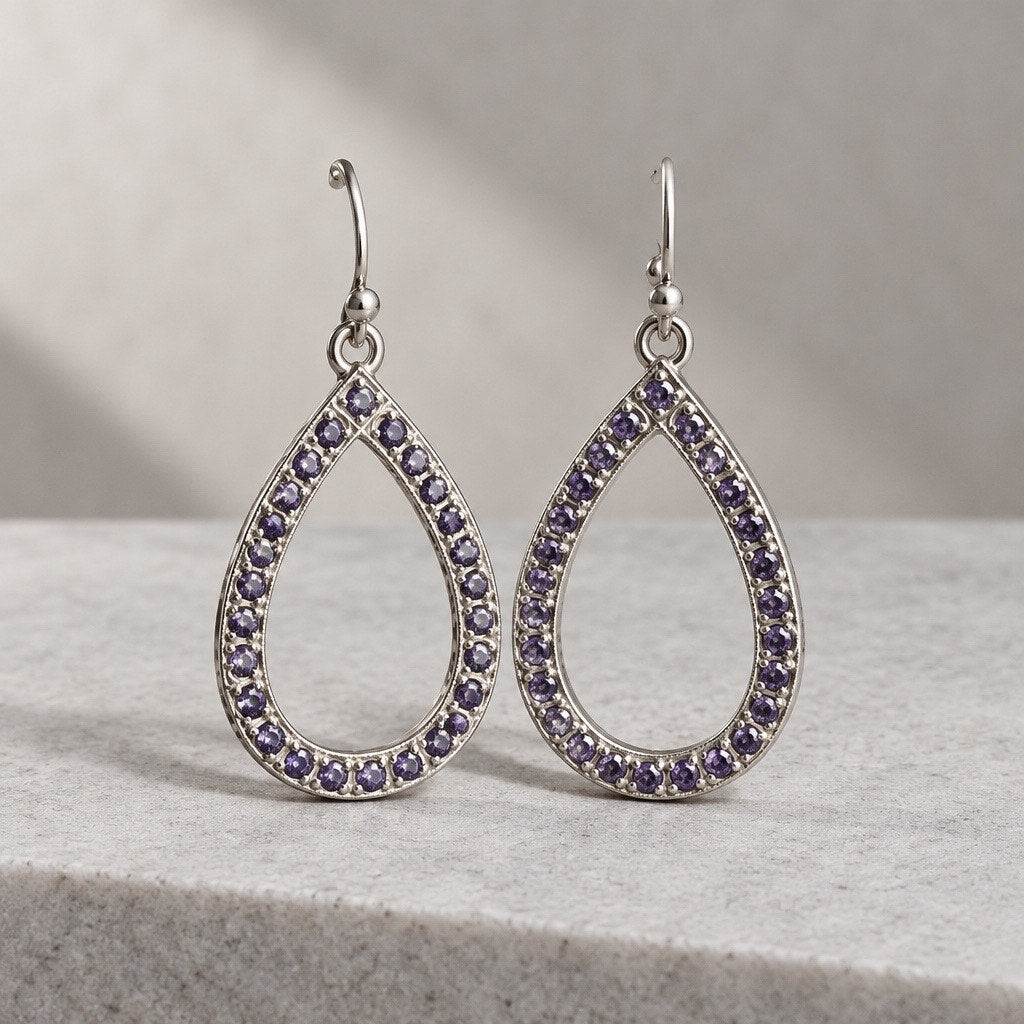 Archival Iolite Halo Dangle Earrings, Sovereign Silver Motif