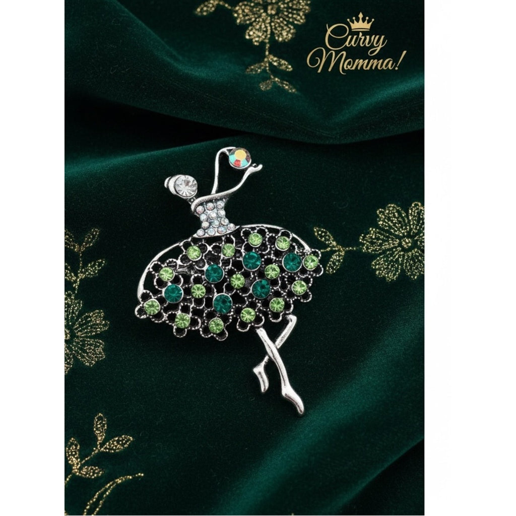 Ballerina Brooch Green Crystal Accents about 1.50 inches long