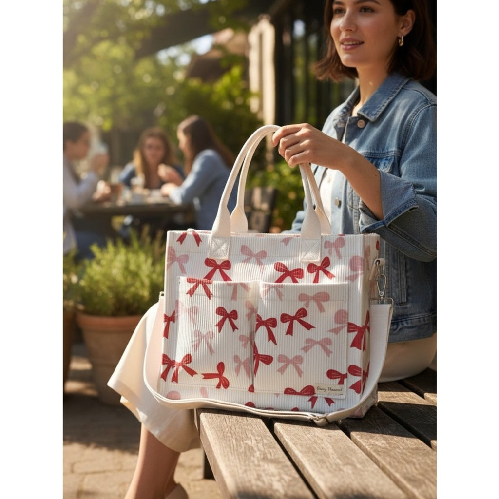 Cream Tote Bag with Red Bow Print