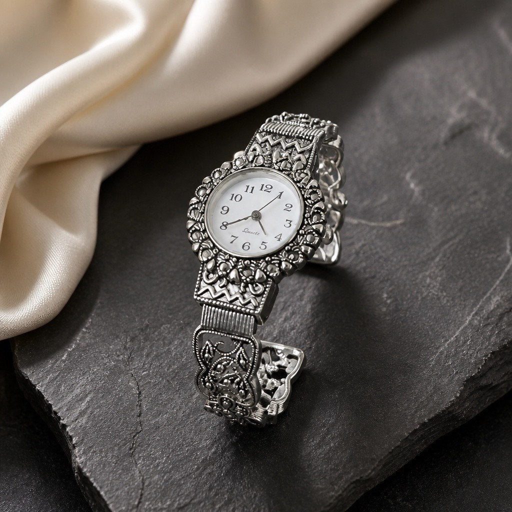 VINTAGE AVON ✨ Silver Marcasite Filigree Cuff Watch