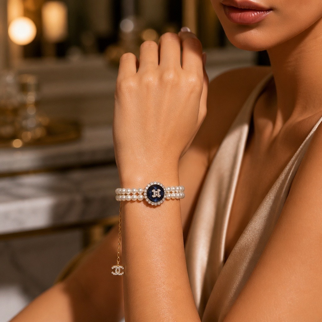 Luxury Double Strand Glass Pearl Bracelet, Heavy Crystal Black Enamel Statement Cuff