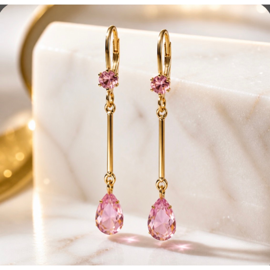 Vintage Pink Crystal Teardrop Lever back Earrings — Gold-Tone Linear Bar Dangle Drop