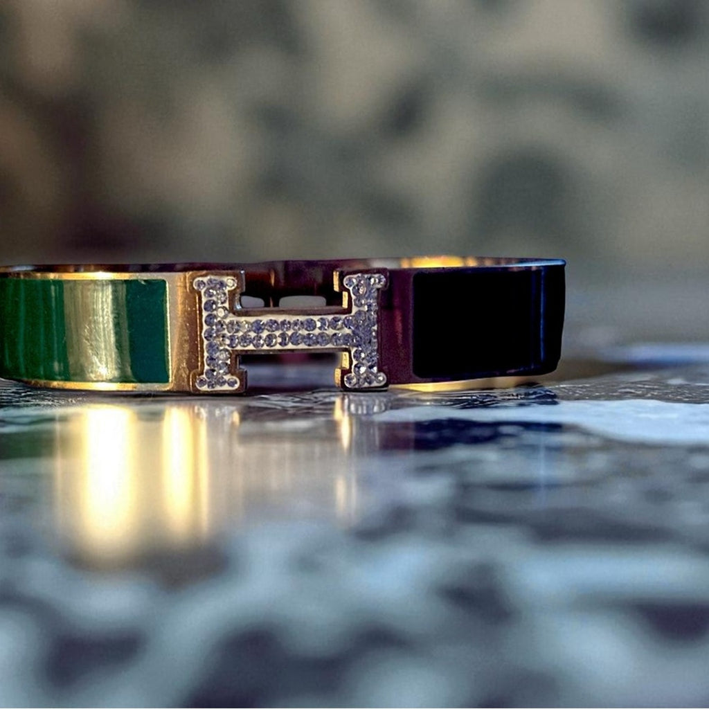 Green Enamel H Bracelet Gold-Tone Crystal Accent-Women's F€ASHION- Jewelry
