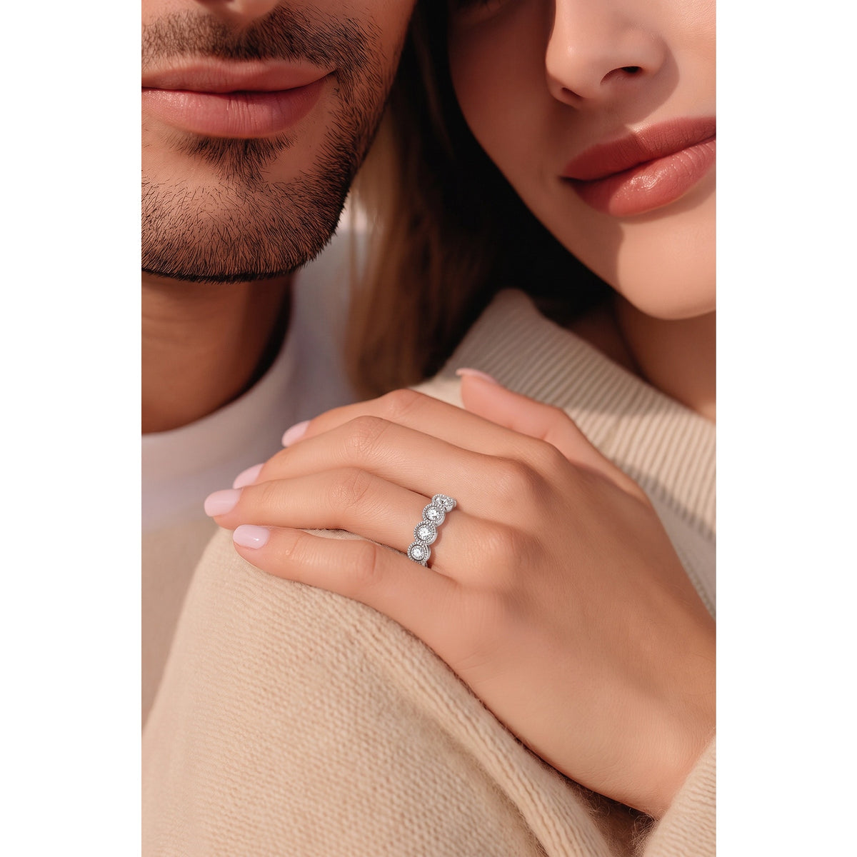 Full Eternity Ring with Bezel Set Crystals – Vintage Milgrain Silver Plated Wedding Band