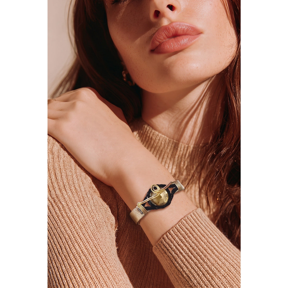 Handmade Leather and Wire Wrapped Bracelet | Gold Finish Statement Cuff