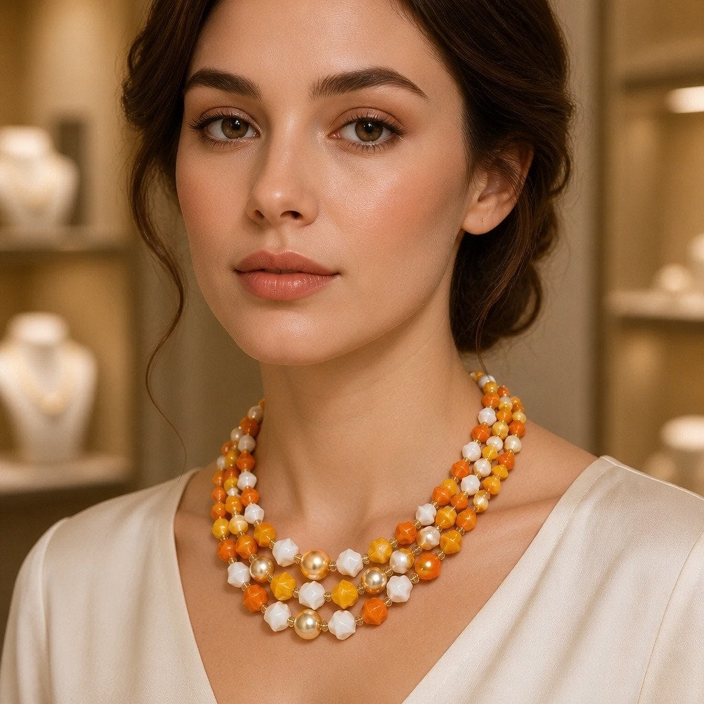 Vintage W. Germany 3-Strand Statement Necklace 🌟 Citrus Glow-in-the-Dark Beads!