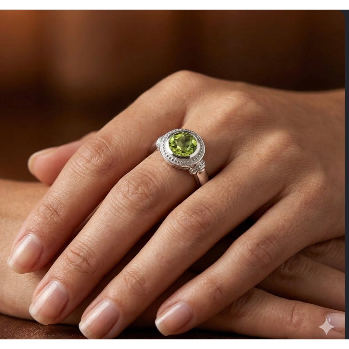 Genuine Peridot Round Solitaire Ring Sterling Silver Bezel Millgrain Split Band