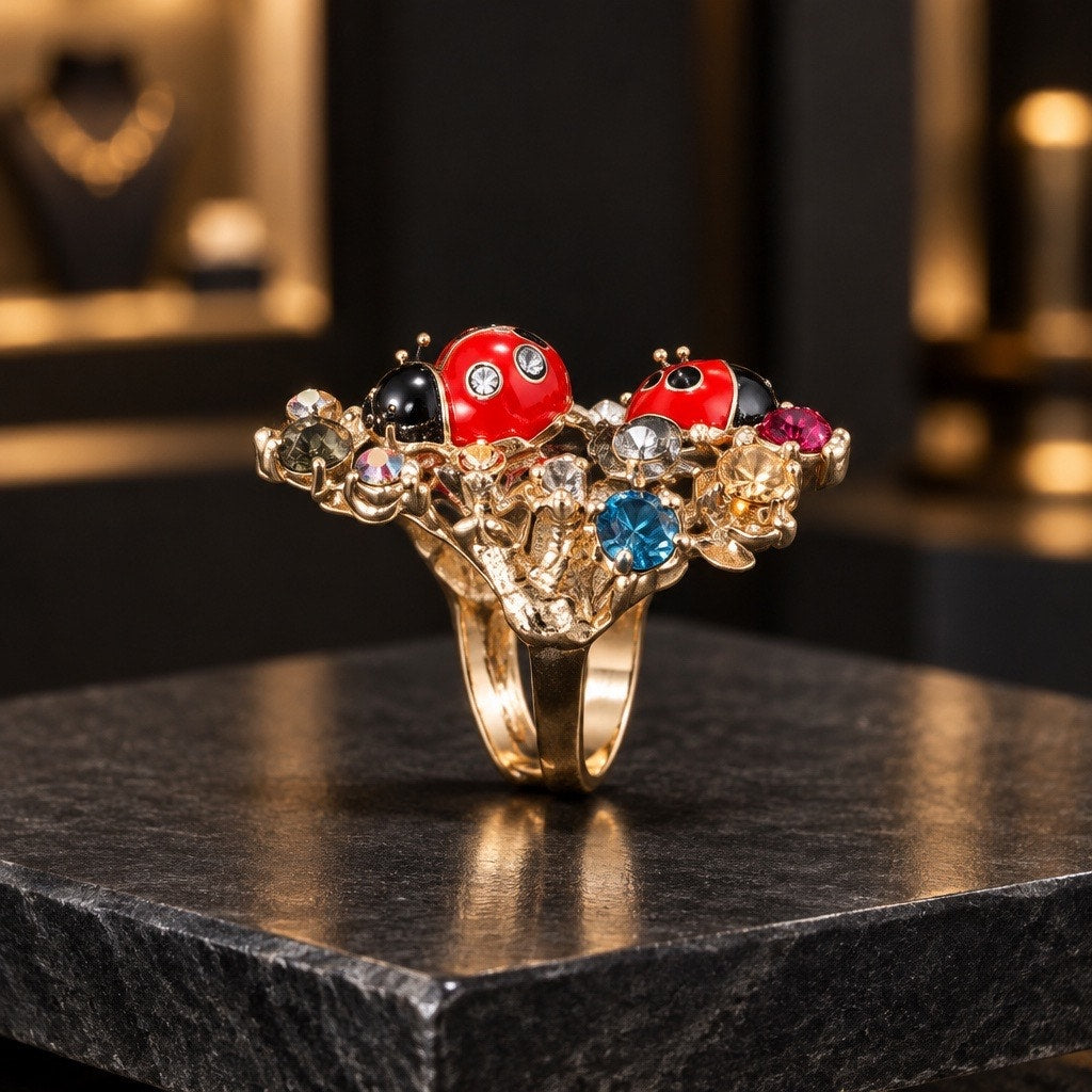 Vintage The Jardin Secret Enamel Ladybug & Crystal Cocktail Ring
