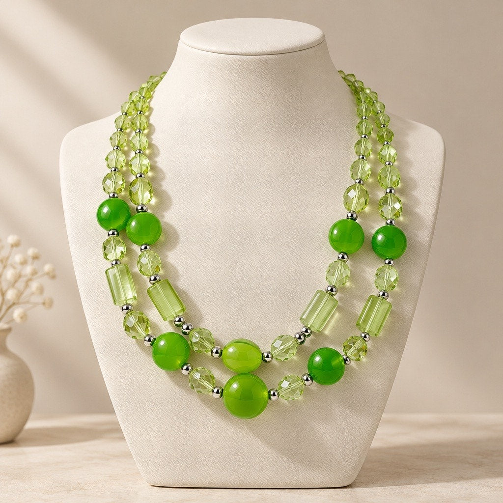 c.2011 Botanic Multi Strand Bib Necklace, Tiered Lime Faceted Crystal Collar