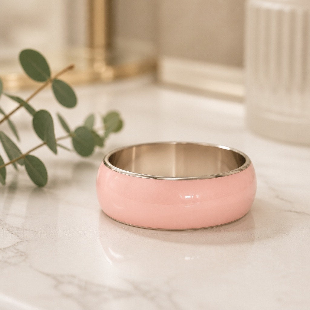 Vintage Retro Revival Pink Enamel Thick Silver Bangle