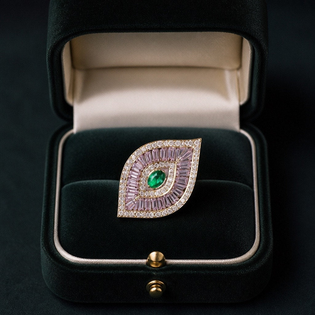 Vintage Art Deco Emerald Sunburst Ring, Gold Finish Lab-Grown Emerald Cocktail Ring