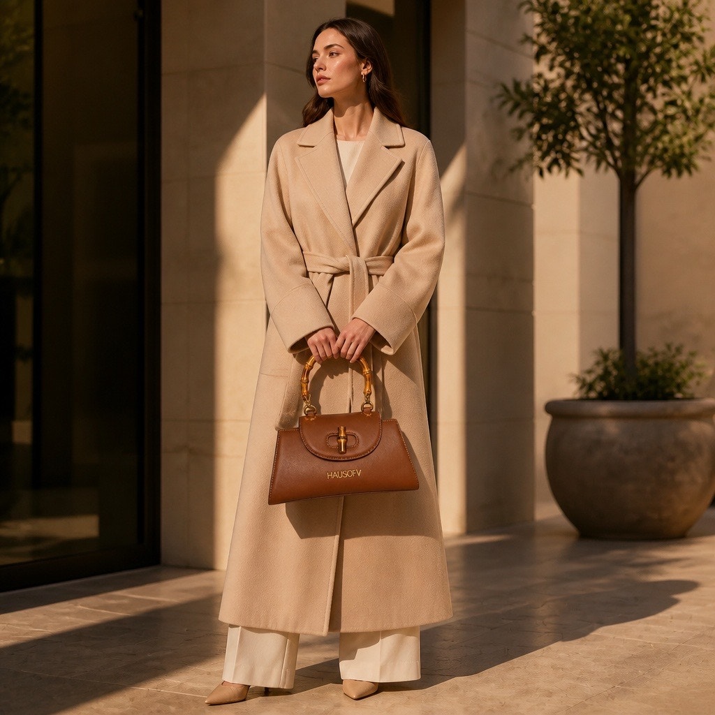✨ Hausofy Brown  Leather Bamboo Top Handle Satchel