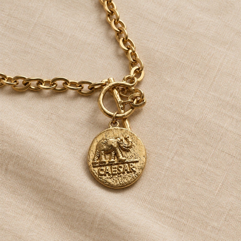 1980s VTG Julius Caesar Elephant Denarius Coin Medallion Toggle Necklace –