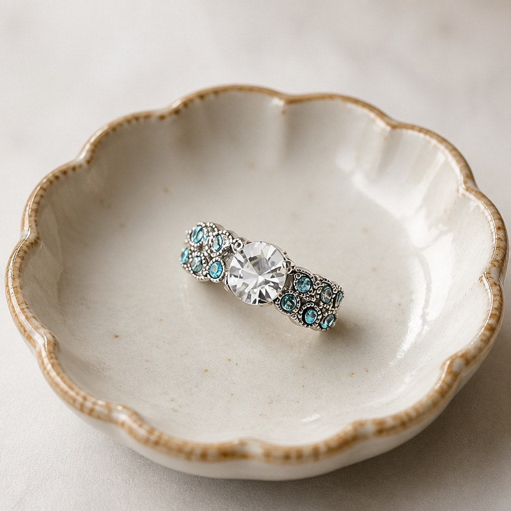 Artisan .925 Sterling Silver Central Crystal & Blue Mosaic Statement Ring