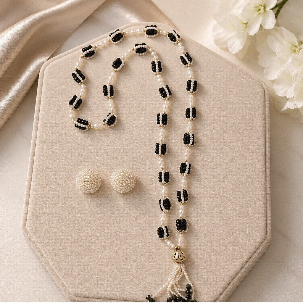 "Midnight Tuxedo" Trio: Signed JAPAN Pearl Clusters, Tassel Necklace & Pearl Studs