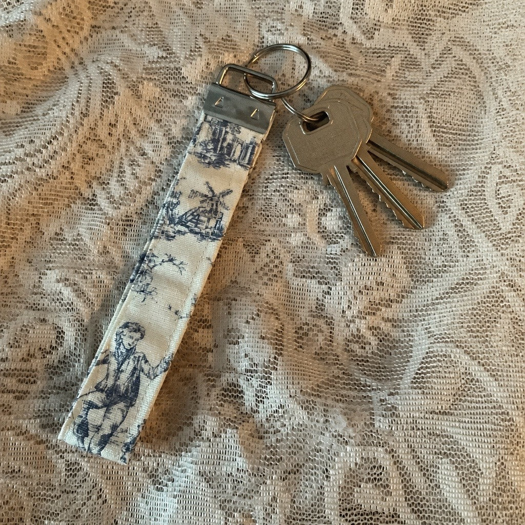 Handcrafted Cottagecore Toile Fabric Wristlet Key Fob Keychain