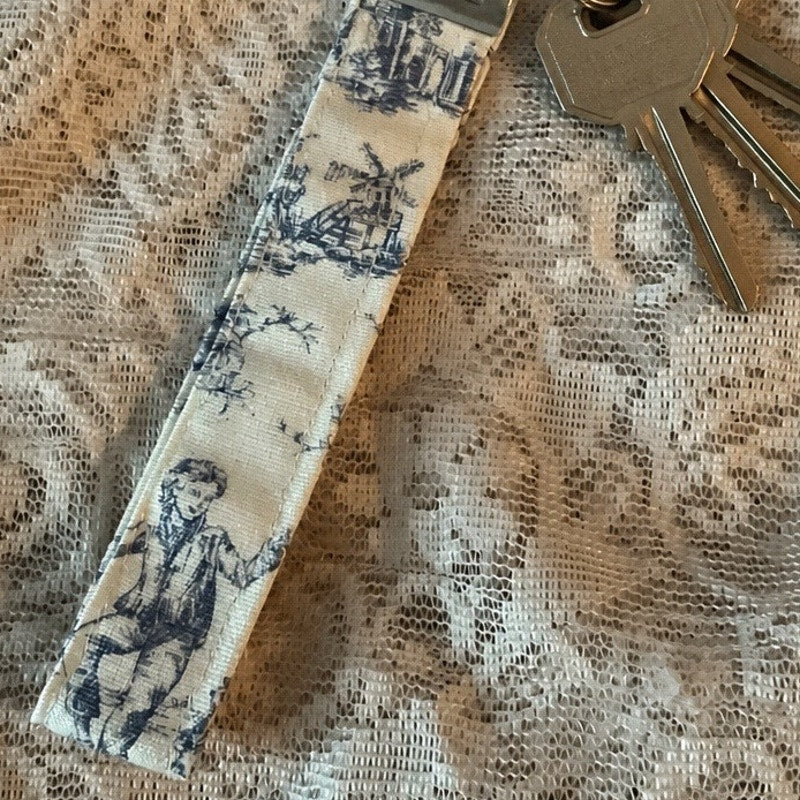 Handcrafted Cottagecore Toile Fabric Wristlet Key Fob Keychain