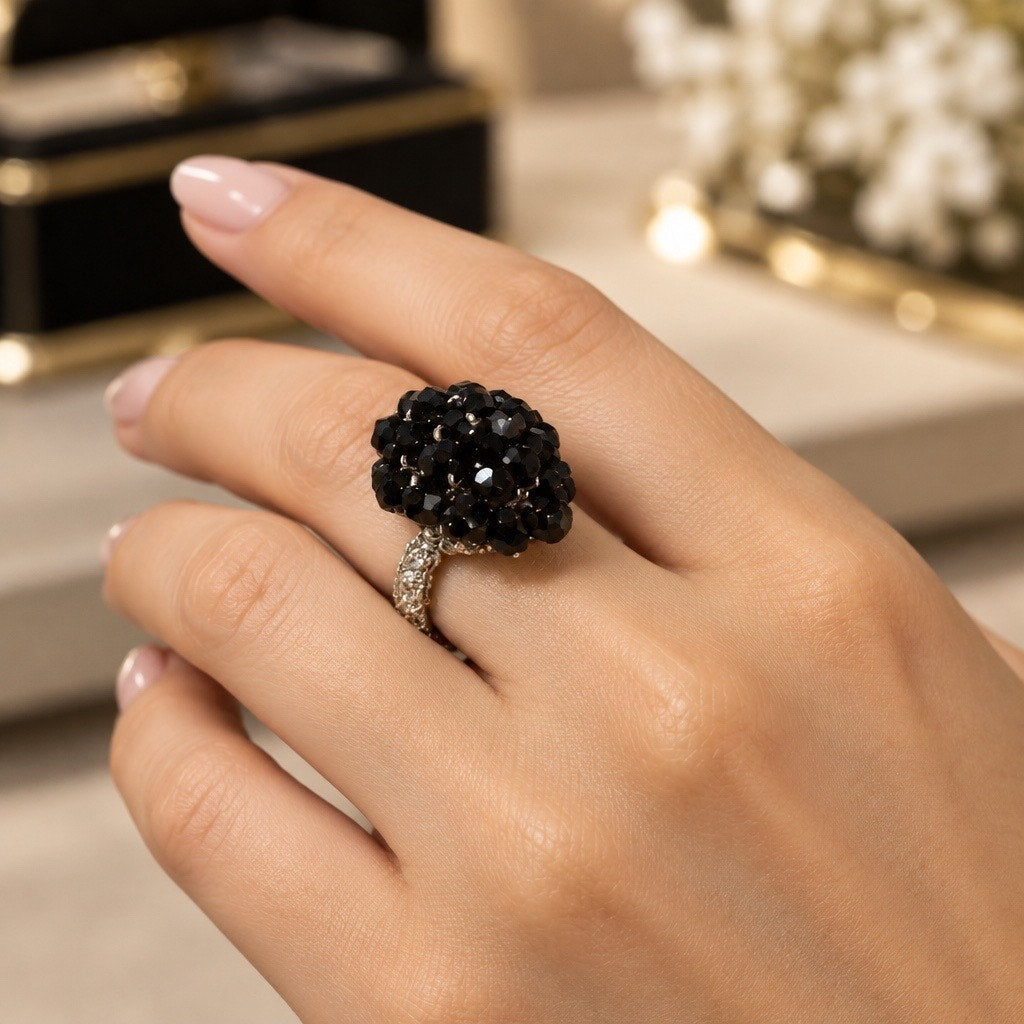 Vintage 1950 s Jet Black Crystal Dome Cluster Ring –Pavé Cocktail Statement Ring