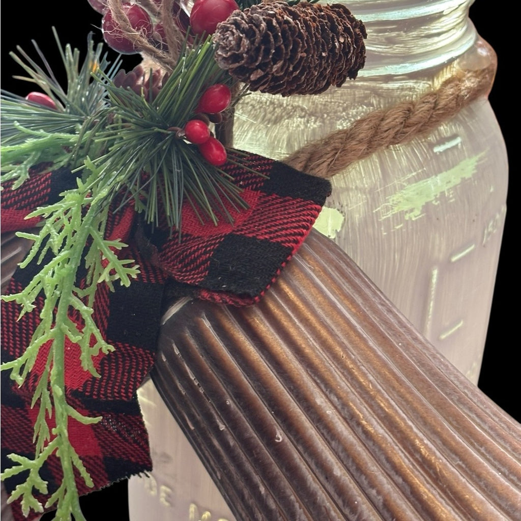 Led Lighted Wide Mouth Mason Jar Display with Rustic Bells