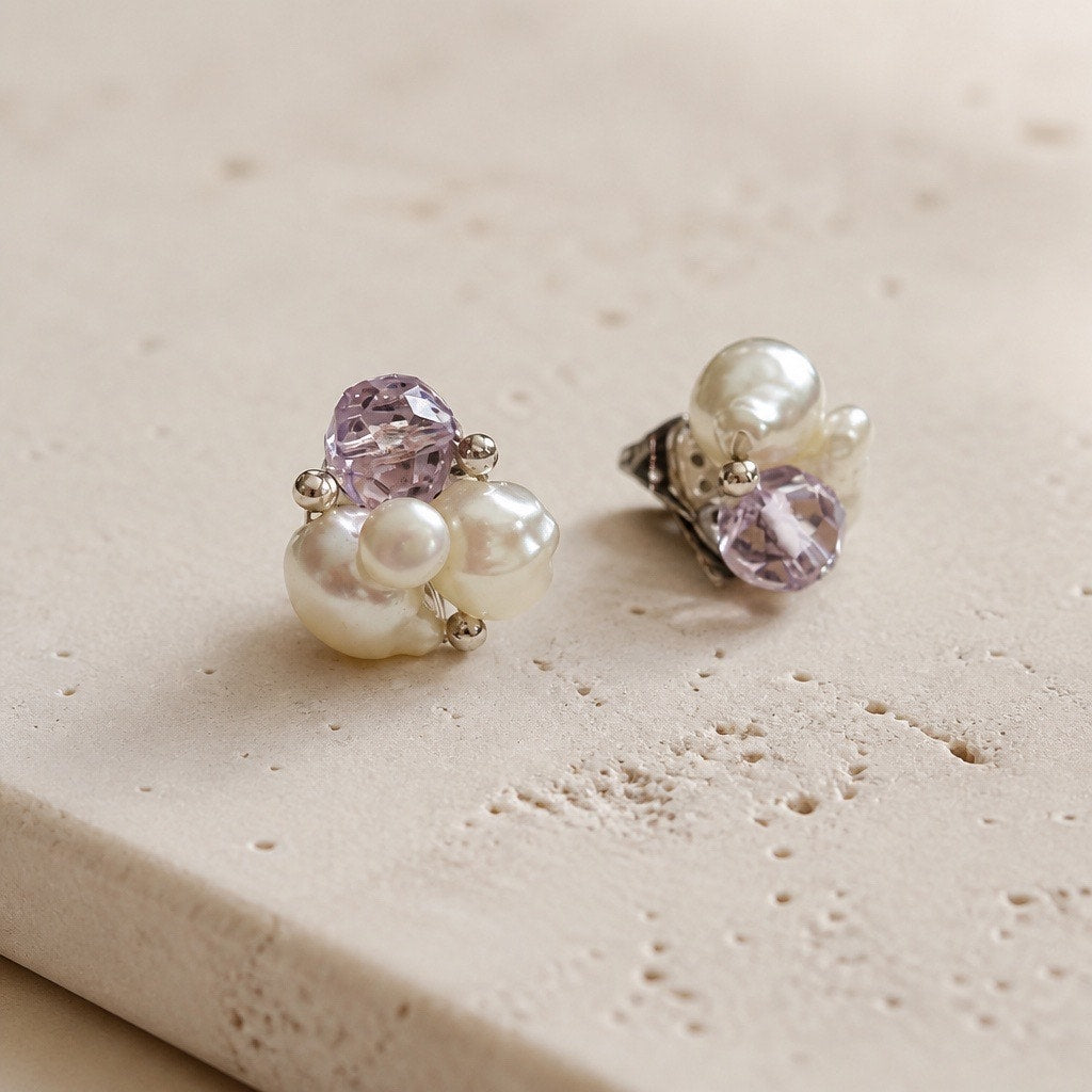 Premier Designs Discontinued Pearl Lavender Crystal Cluster Post Stud Earrings
