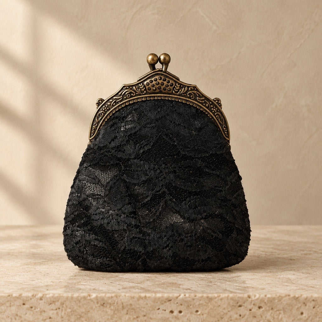 Antique 1800 s Black Chantilly Lace Victorian Gothic Filigree Brass Frame Clutch