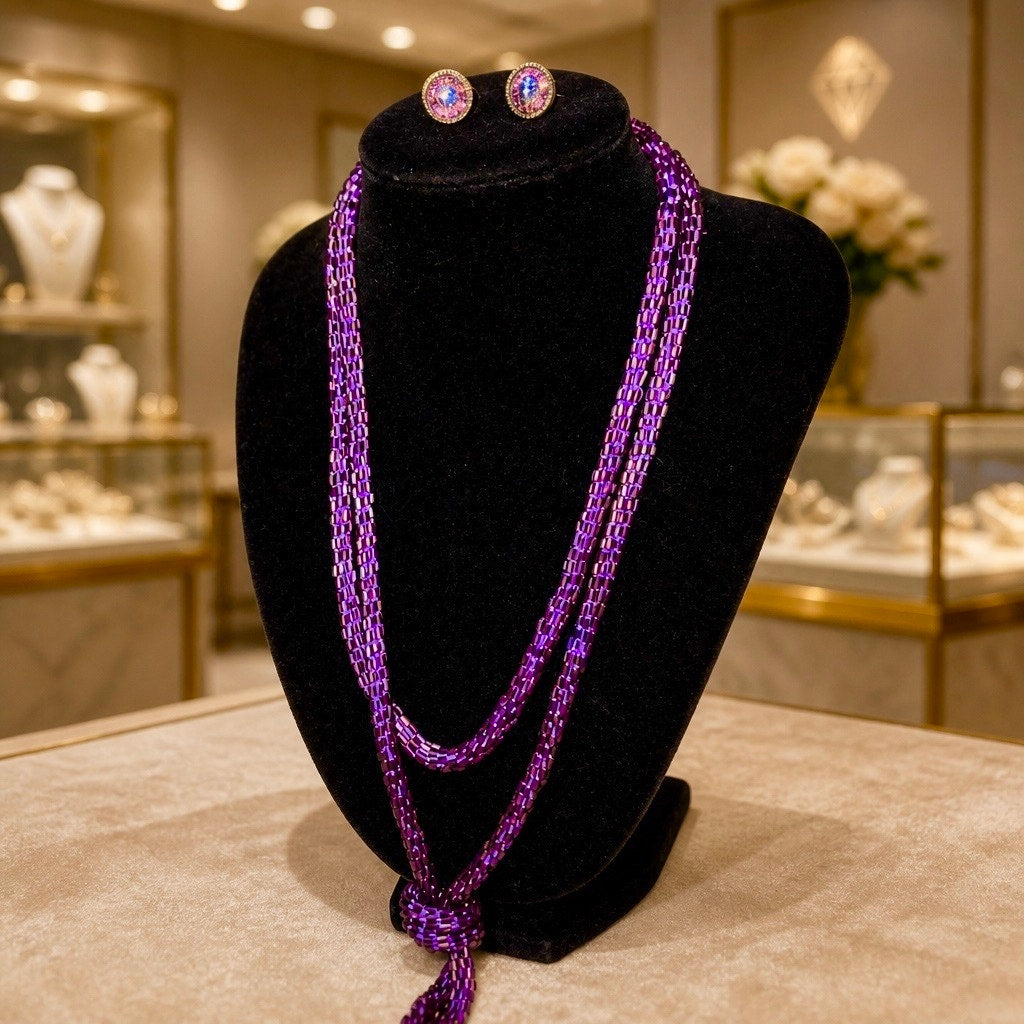 Vintage Mid-Century Purple Beaded Lariat & Floral Statement Earring Trio Set 3pc