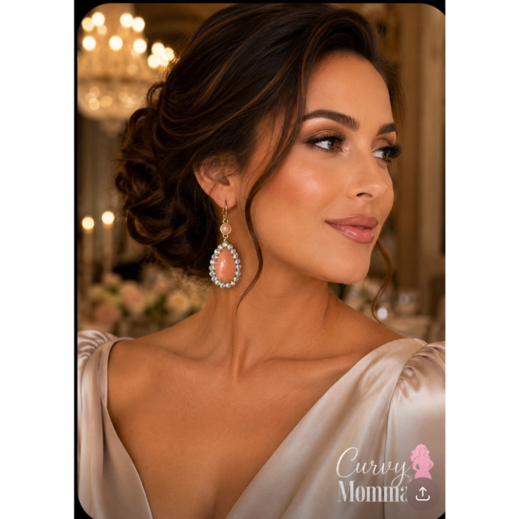 Peach Teardrop Dangle Earrings Iridescent Rhinestone Gold Tone